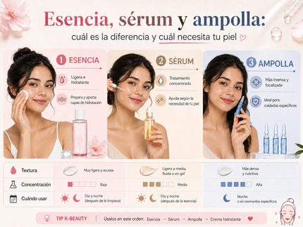 Esencia sérum y ampolla K-beauty diferencias y orden de aplicación en rutina coreana