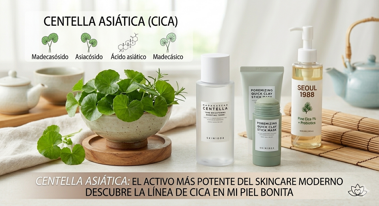 Skincare coreano para piel sensible con ingredientes calmantes como centella asiática y probióticos que reducen rojeces y alivian irritación