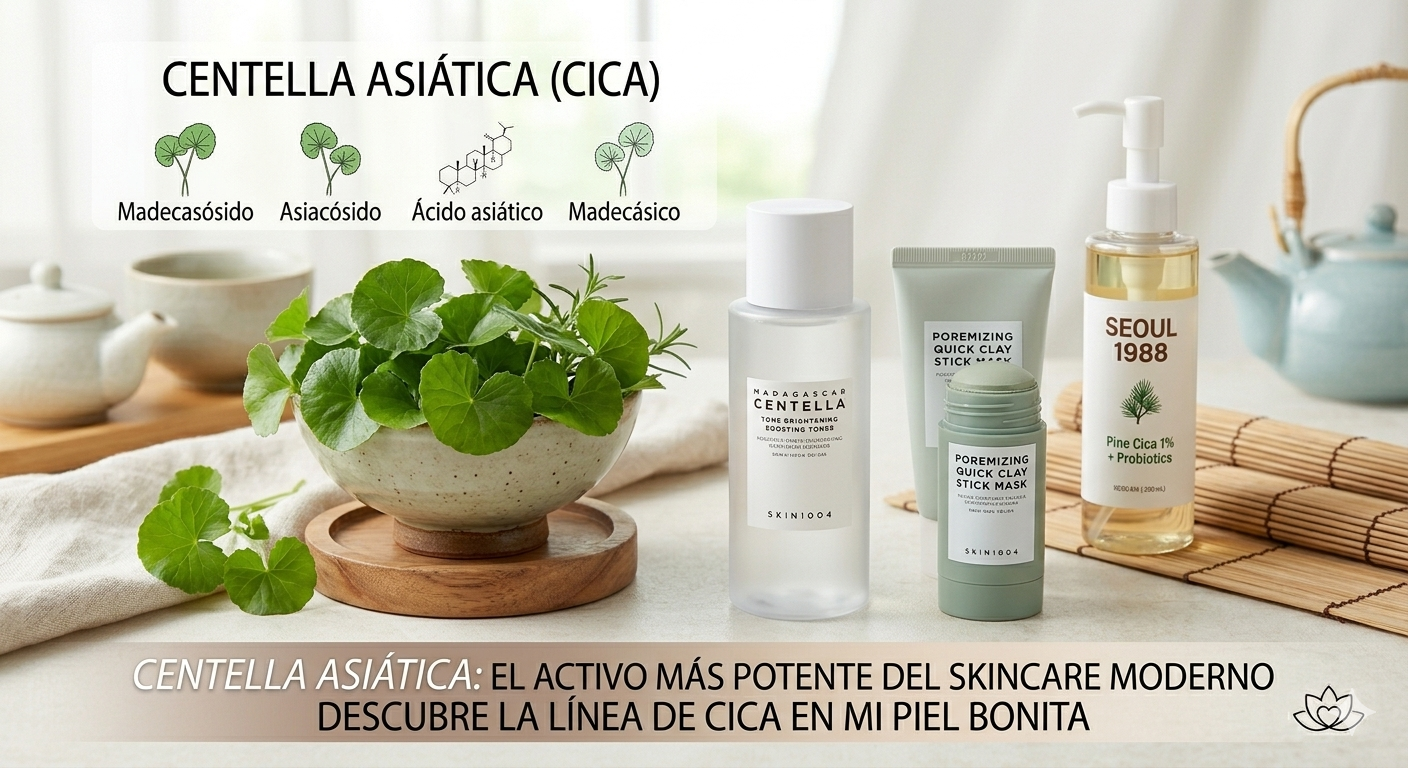 Skincare coreano para piel sensible con ingredientes calmantes como centella asiática y probióticos que reducen rojeces y alivian irritación