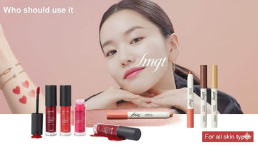 Variedad de productos FMGT makeup para labios y ojos con brillo y color natural.