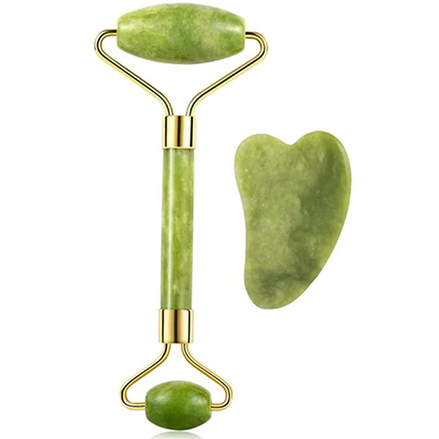 Set de Rodillo de Jade y Gua Sha para rejuvenecimiento facial y drenaje linfático.