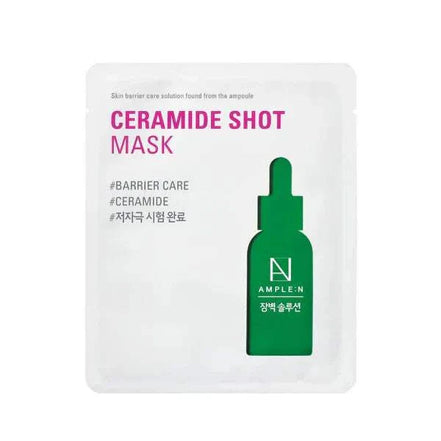 Mascarilla facial hidratante Ample:N Ceramide Shot Mask para piel seca y sensible, con ceramidas y textura cremosa.