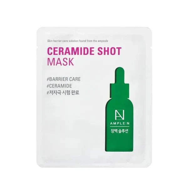 Mascarilla facial hidratante Ample:N Ceramide Shot Mask para piel seca y sensible, con ceramidas y textura cremosa.