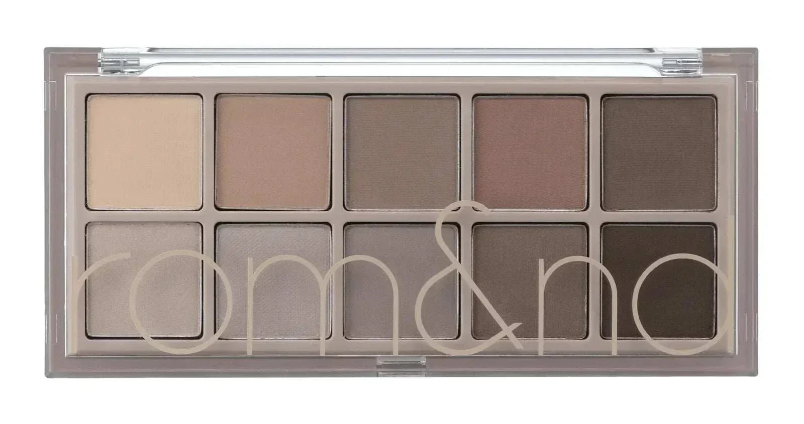 Paleta de sombras rom&nd con tonos románticos y efecto glow para maquillaje natural y sofisticado.