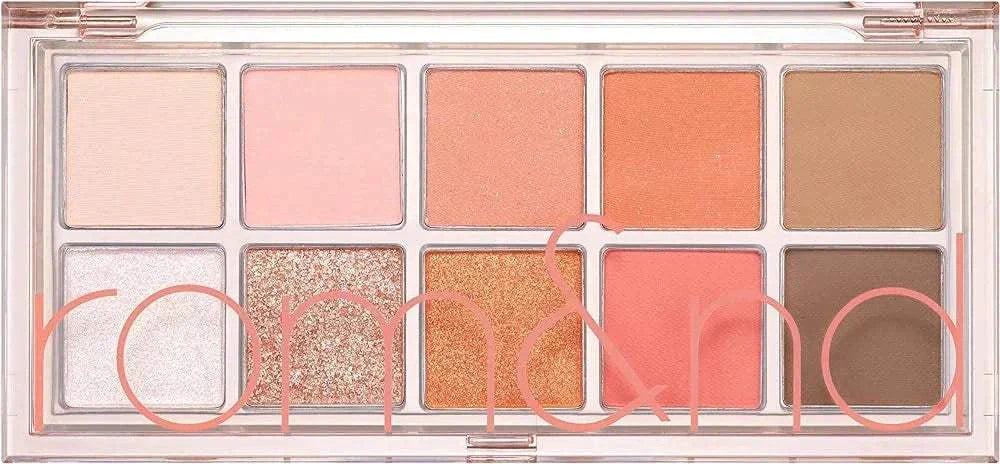 Paleta de sombras rom&nd con tonos románticos y textura sedosa para maquillaje natural y sofisticado