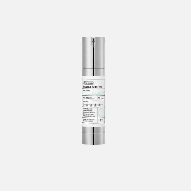 Envase del suero VT Reedle Shot 100 de VT Cosmetics con tecnología de microagujas cosméticas para potenciar el skincare coreano