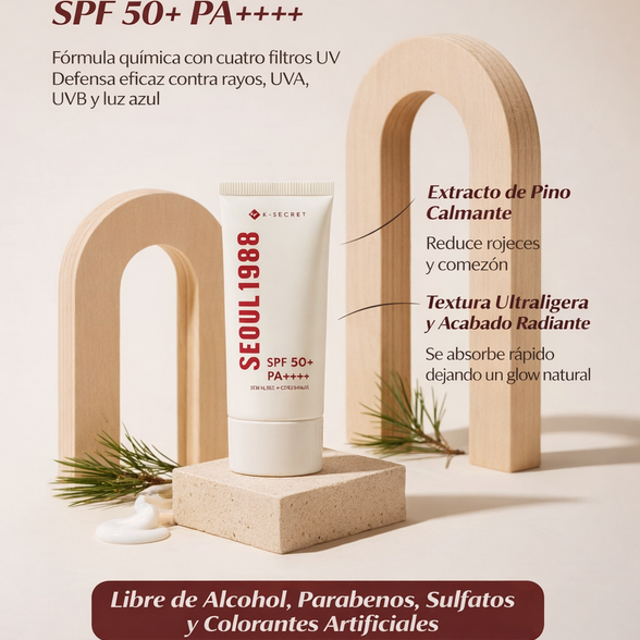 Seoul 1988 protector solar SPF 50+ PA++++ con pino y ceramidas, textura ligera y protección invisible para todos los tonos de piel
