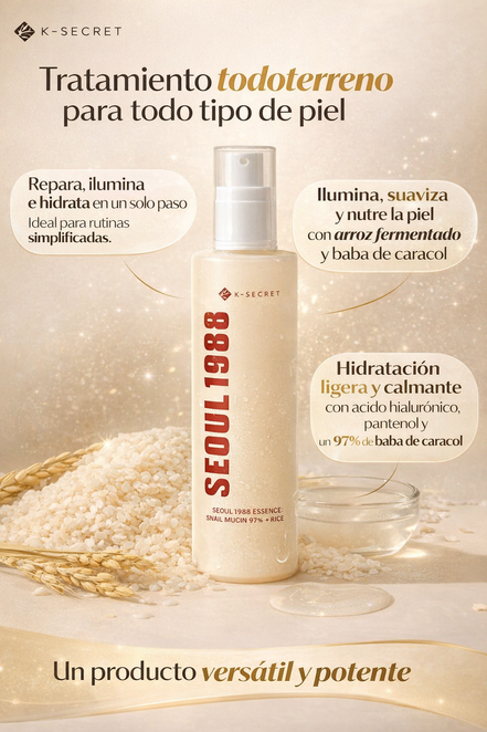 SEOUL 1988 Essence Snail Mucin 97% — textura esencia reparadora hidratante skincare coreano