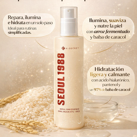 SEOUL 1988 Essence Snail Mucin 97% — textura esencia reparadora hidratante skincare coreano