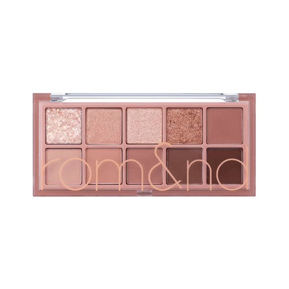 Paleta de sombras rom&nd con tonos vibrantes y efecto glow para maquillaje natural y sofisticado