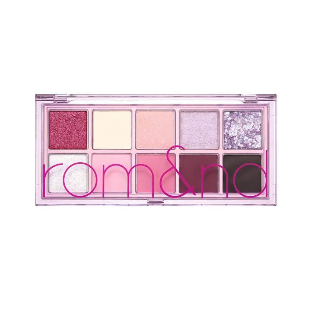Paleta de sombras rom&nd con tonos románticos y efecto glow para maquillaje natural y sofisticado
