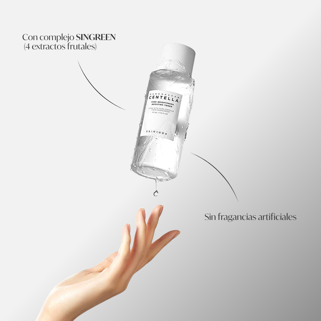 Skin1004 Tónico Madagascar Centella brightening boosting toner bottle with fresh green leaves background