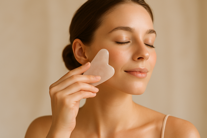 imagen de una mujer caucasica masajeandose el rostro con guasha