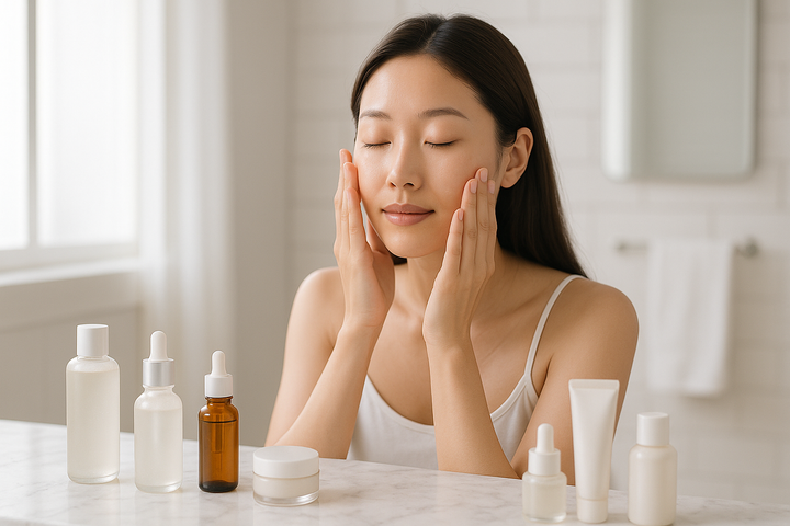 MUJER COREANA APLICANDOSE RUTINA DE SKINCARE