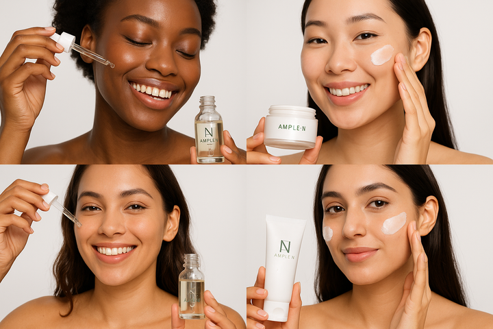 Mujeres de diferentes razas aplicandose productos Ample-N 