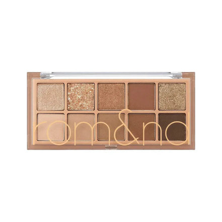 Paleta de sombras rom&nd con tonos pigmentados y efecto glow para un maquillaje natural y sofisticado